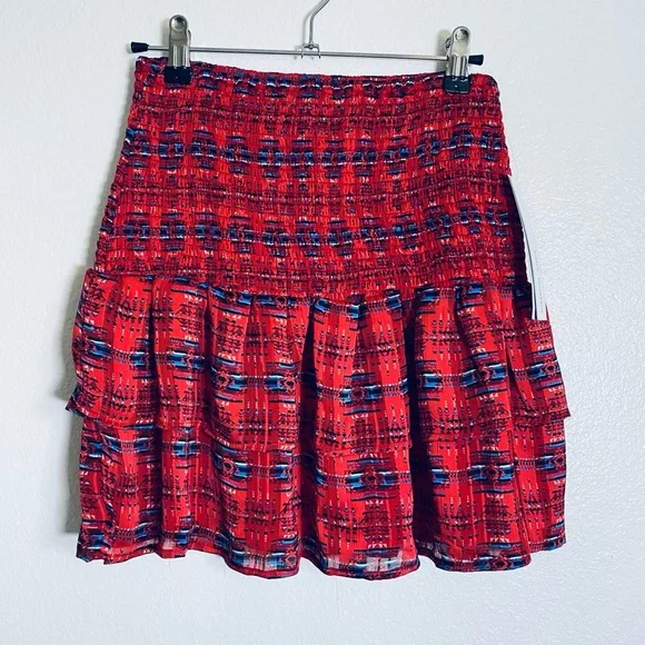 Aqua Red Patterned Smocked A-Line Mini Skirt with Blue Accents - Picture 1 of 10